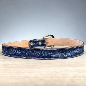 Cinturón Clásico Casual Azul Marino de Cuero de Grano Superior Tallado a Mano con Grabado Floral y Hebilla de Latón para Hombre y Mujer, de Alta Resistencia - Product Image 4
