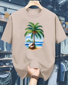 Men's Beige Short Sleeve O-Neck T-Shirt Regular Fit Casual Style 100% Cotton Jersey Fabric Solid Color Plain Dyed Knitted - Product Image 1