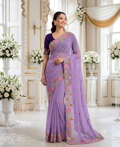AARA Fashion Saree élégant en rayonne violette avec broderie florale, protection solaire, pour occasions de mariage, longueur ras du sol, Inde - Product Image 1