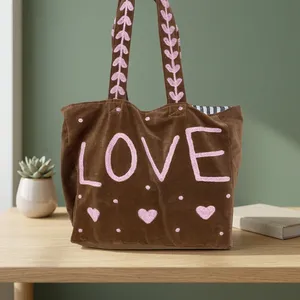 Bolso Tote de Terciopelo Marrón con Bordado de Corazón y Letra de Amor, Bolso de Hombro Vintage con Correa de Hojas para Mujer - Product Image 3