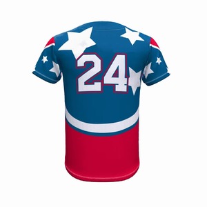 Custom Men's Baseball Jersey Red Blue Color Blocked Short Sleeve Button Front Breathable Polyester Uniform for Adults - Product Image 4