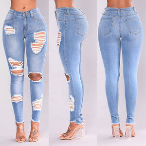 Jean en denim sexy pour femme de haute qualité, déchiré, taille mi-haute, coupe ample, en polyester/coton, lavable, respirant, délavage moyen - Product Image 4