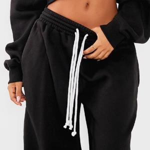 Ensemble 2 pièces en polaire pour femme : sweat à capuche court et pantalon de jogging large, noir uni, style décontracté streetwear et sportswear, manches longues, coupe régulière - Product Image 2