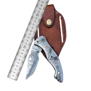 Navaja de Bolsillo Plegable de Acero de Damasco Hecha a Mano con Funda de Cuero y Mango de Acero de Damasco para Camping, Supervivencia y Uso General OEM - Product Image 1