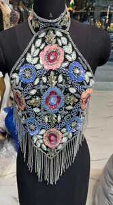 Haut de danse du ventre pour femmes adultes, orné de perles, broderie florale, franges, tenue de performance, style tribal exotique, costume de scène - Product Image 5