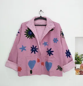 Women Pink Suzani <b>Jacket</b> Handmade Floral Patchwork Cotton <b>Kantha</b> Coat Reversible Bohemian Vintage Artisan Outerwear - Product Image 3