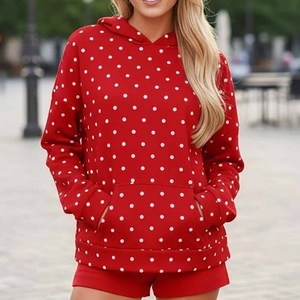 Sweat-shirt à capuche rose à pois pour femme, coupe oversize, épaules tombantes, en coton tricoté, style streetwear décontracté, idéal pour l'automne - Product Image 6