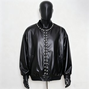 PIHA SPORTS Men's Varsity <b>Jacket</b> Green Color Block Stand Collar Casual Genuine <b>Leather</b> Outerwear <b>Winter</b> Regular Fit Biker Front - Product Image 1