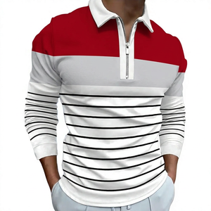 Polo à manches longues en tricot pour homme, à blocs de couleur, rayé, avec fermeture éclair, haut décontracté - Product Image 3