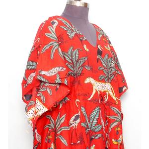 High Quality Custom Block Printing Fabric Kaftan <b>Dress</b> Drawstring Tie Waist Design Loose Fit Long Summer Beach Women's Caftan - Product Image 4