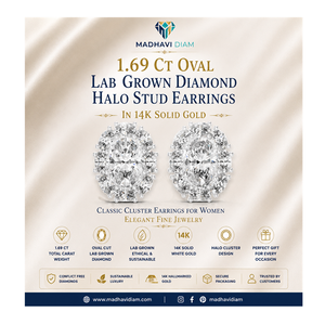 Boucles d'oreilles clous de luxe en or massif 14 carats avec halo de diamants ovales de 1,69 carat cultivés en laboratoire, bijoux fins classiques pour femmes - Product Image 1