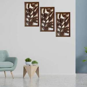 Panneau mural en bois floral artisanal avec cadre |   Décoration murale en relief floral pour le salon (lot de 3) - Product Image 3