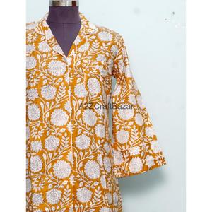 Kimono Formal con Estampado Floral, 100% Algodón Puro, Estilo Camisa Larga Hasta la Pantorrilla, Lavable, para Mujer, Abertura Frontal, Cuello en V, Manga 3/4 - Product Image 2
