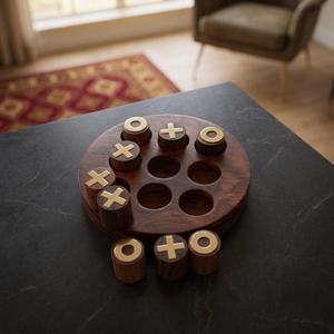 Plateau de jeu XO rond en bois moderne, écologique et de qualité supérieure, fait main, jeu de stratégie familial avec incrustations en laiton, jouet éducatif pour enfants - Product Image 4
