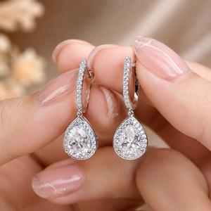 Pendientes de Plata de Ley 925 con Diamantes en Forma de Lágrima, Pendientes Colgantes de Aro con Doble Halo de Moissanita para Mujer, Ideales para Aniversarios y Fiestas - Product Image 2