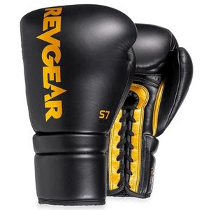 Gants de boxe RevGear S7 Elite en cuir à lacets noir et jaune pour adultes – Équipement d'entraînement - Product Image 2