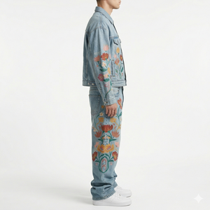 ชุดแจ็คเก็ตยีนส์เดนิมผู้ชาย สไตล์สตรีทแวร์ ชุดสองชิ้น ผ้าหนาปักลายปักกลางตัวเสื้อ ซักแบบ Stone Washed รับผลิตตามแบบ OEM ODM ขายส่ง - Product Image 2