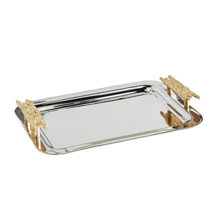 Set Of 3 Metal Steel <b>Serving</b> <b>Tray</b> With <b>Gold</b> Accent Handle Silver Finish For Home & Restaurant Tableware Food Server <b>Tray</b> - Product Image 3