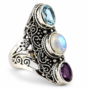 Anelli in Argento Sterling 925 con Ametista Pura, <span class=keywords><strong>Pietra</strong></span> di Luna Arcobaleno e <span class=keywords><strong>Topazio</strong></span> Blu, Gioielli Indiani in Argento con Pietre Preziose, Stile Bohemien - Product Image 1