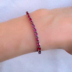 Genuine Ruby Oval Sterling Silver Tennis Bracelet Elegant Red Gemstone Jewelry July Birthstone <b>Gift</b> For Women - Product Image 3