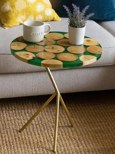 Modern <b>Round</b> Wood <b>Side</b> <b>Table</b> with Green Resin Top and <b>Gold</b> Metal Legs for Living Room Decor - Product Image 2