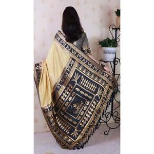 Sari traditionnel indien/pakistanais en soie douce Chickoo tissée avec des fils Zari, art Warli, vêtements élégants - Product Image 4