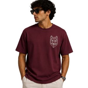 เสื้อยืดโอเวอร์ไซส์สีแดงเลือดหมูสำหรับผู้ชาย ปักโลโก้หมาป่าตามสั่ง ผ้าคอตตอนหนา สตรีทแวร์ คอกลม แขนสั้น สวมใส่สบายทรงหลวมสำหรับฤดูร้อน - Product Image 1