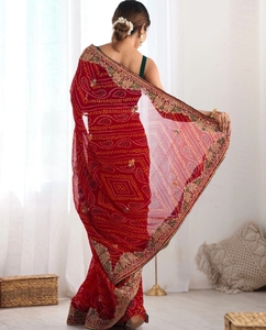 Sari Tradicional KV de Georgette con Bordado y Adornos Estilo Bollywood, para Fiestas, Reversible y Sin Arrugas - Product Image 5