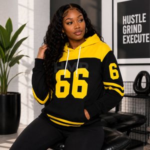 HMR Sorority Sisterhood Black Yellow Color Block Hooded Sweatshirt With Number 66 Print Front Pockets Regular Fit - Product Image 4