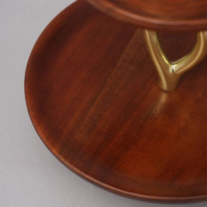 Two-Tier Wooden <b>Cake</b> <b>Stand</b> Featuring Rich Brown Trays Twisted Brass Metal Central Pillar & Twin Tulip Finial Handles For Serving - Product Image 4