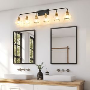 Applique da Bagno Moderna a 6 Luci da 48 Pollici, Nero e Oro, con Paralumi in Vetro Trasparente, Illuminazione Industriale a Parete - Product Image 2