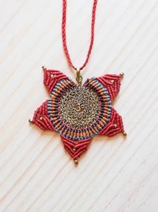 Handmade Macrame Star Pendant Necklace with Metal Mandala Center Red Orange Boho Ethnic Jewelry - Product Image 1