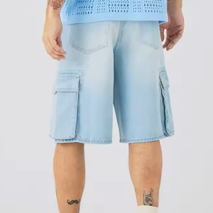 Shorts en jean décontractés pour hommes, taille mi-haute élastique, coupe ample en coton, longueur genou, bleu délavé, pour l'été et le quotidien - Product Image 3