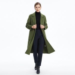 Olive Green <b>Wool</b> Eco-Friendly Parka Long Notched Lapel Patch Pockets Double Breasted Minimalist <b>Winter</b> Women's Outerwear - Product Image 2