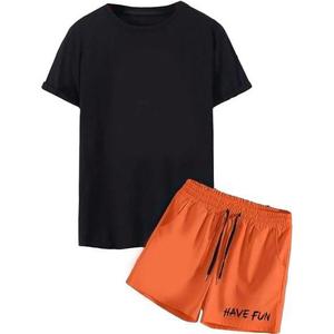 Men's Summer Casual Cotton T-Shirt <b>Set</b> Black Top With Light Blue Shorts Breathable <b>Knitted</b> Crew Neck Solid Color Wear - Product Image 6