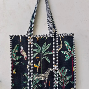 Sac fourre-tout en coton de qualité supérieure avec imprimé animaux de la jungle, fermeture éclair, sac à bandoulière durable pour le shopping - Product Image 1