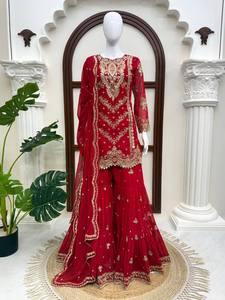 Radiant Faux Georgette Embroidered <b>Top</b> Front Back Work Sharara Festive Wedding Ethnic Apparel Collection Women Quick Dry All - Product Image 3