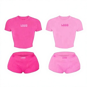 Wholesale Custom Women's 2-Piece Crop <b>Top</b> Shorts Sets Short Sleeve Crew Neck Solid Color Sporty Activewear Spring Summer Wear - Product Image 1