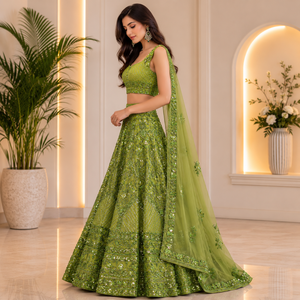 Women Olive Green Embroidered Lehenga Choli Set <b>Sequin</b> Bridal Wedding Dress with Dupatta Traditional Indian Party Ceremony - Product Image 3