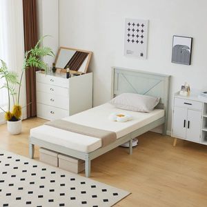 Twin Size Solid Oak <b>Platform</b> <b>Bed</b> <b>Frame</b> with Hand Carved Headboard Gray Wash Finish Rustic Style for Farmhouse Soft <b>Bed</b> Storage - Product Image 6