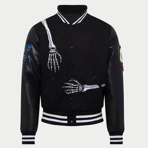 Chaqueta Bomber Gótica Negra de Alta Gama con Diseño Personalizado de Esqueleto y Mangas de Cuero Premium al por Mayor - Product Image 1