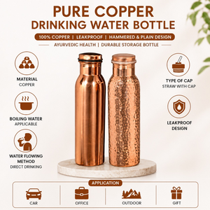 Pure <b>Copper</b> <b>Drinking</b> Water <b>Bottle</b> | 100% <b>Copper</b> Leakproof Hammered & Plain Design Ayurvedic Health Durable Storage <b>Bottle</b> - Product Image 4