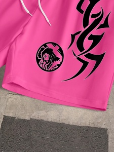 Ensemble T-shirt et short pour homme style streetwear, imprimé New York, tenue décontractée d'été, rose et noir, col rond, tissu tricoté respirant - Product Image 4