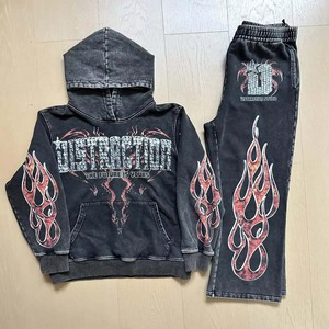 Ensemble de survêtement décontracté Saint World pour homme, streetwear, coupe ample, manches longues, hiver, noir uni, pantalon à cordon avec strass, 100% coton - Product Image 1