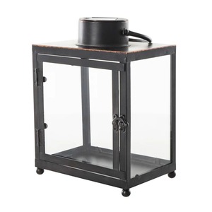 Farol decorativo de hierro negro de estilo antiguo moderno con paneles de vidrio y puerta con bisagras para decoración del hogar - Product Image 3