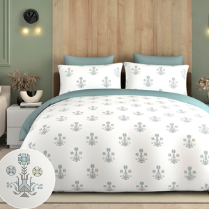 Juego de Sábanas de Algodón Super King 120x120* |   Estampado Botánico Blanco y Verde Azulado |   Ropa de Cama Suave y Cómoda con 2 Fundas de Almohada, Tela Lisa - Product Image 1