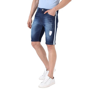 Shorts de Mezclilla para Hombre, Color Azul Medio, con Rayas Laterales, Desgastados, Corte Ajustado, Elásticos, de Algodón Resistente - Product Image 1