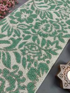 <b>Green</b> Floral Embroidered Fabric <b>Table</b> <b>Runner</b> Rectangle Luxury Style Washable Eco-Friendly Handmade Durable Mats Pad - Product Image 4