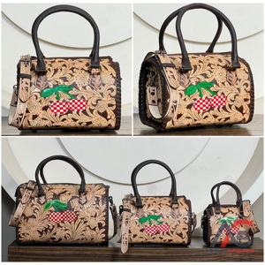Bolsos de Viaje de Cuero Genuino con Diseño Floral de Alta Calidad, Bolsos Cruzados con Cremallera y Diseño a Cuadros Color Cereza - Product Image 1