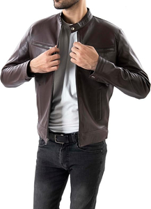 Veste moto en cuir véritable marron pour homme, col montant, fermeture éclair, coupe classique, pour l'automne - Product Image 3